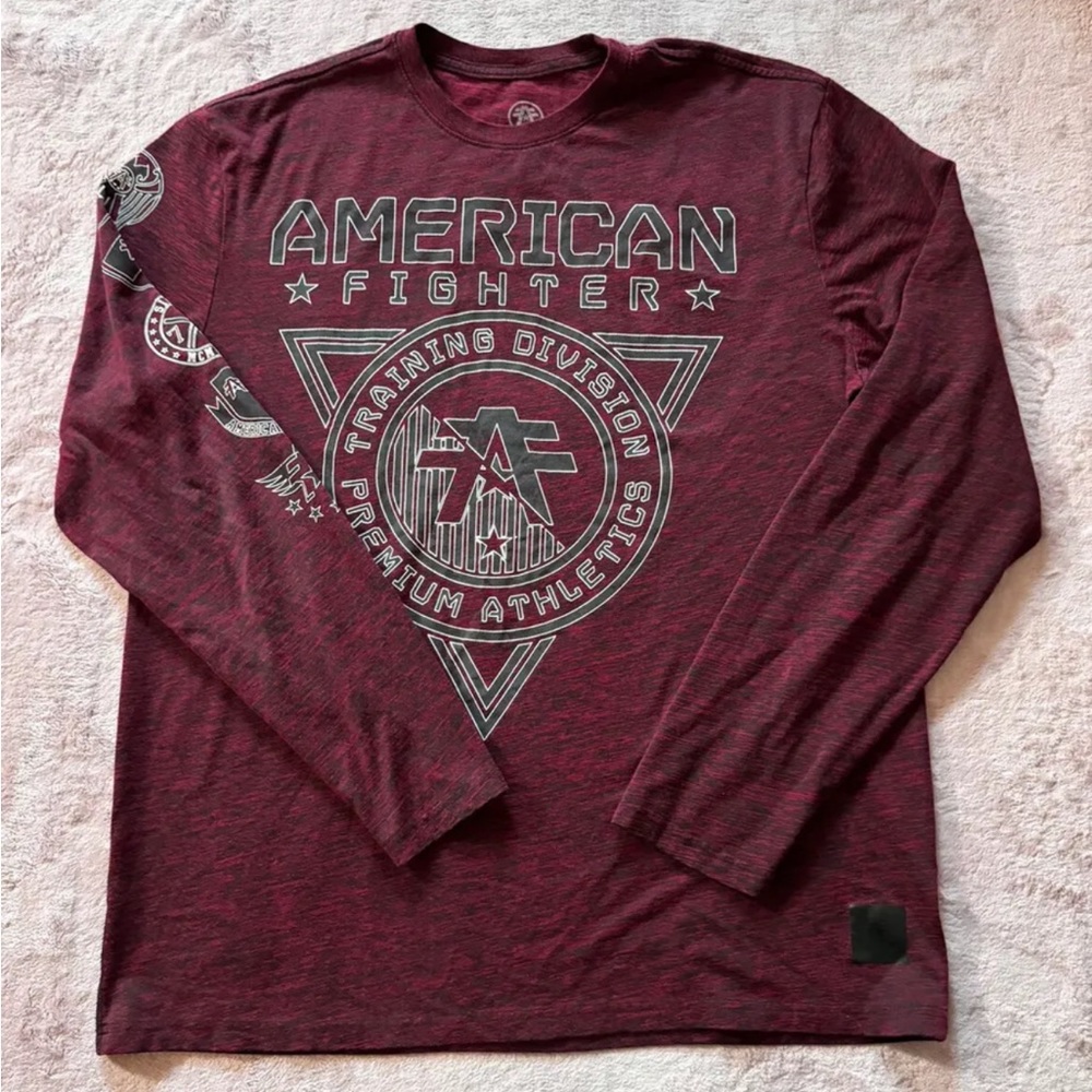 Buckle American Fighter Graphic Long Sleeve Athletic Top Maroon Men’s Sz 2XLarge